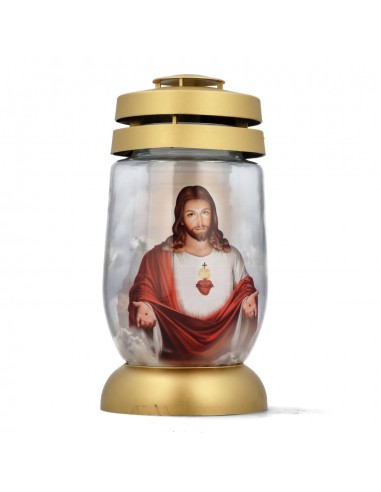 Znicz szklany okrągły złoty z Jezusem